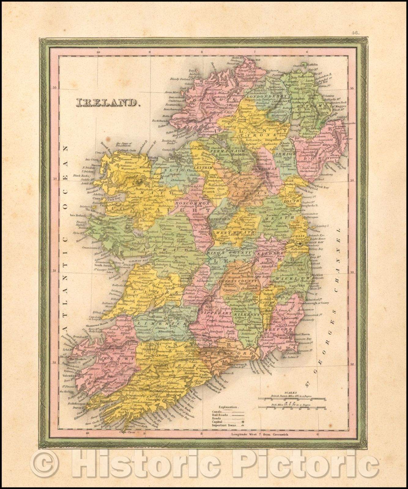 Historic Map - Ireland, 1846, Samuel Augustus Mitchell - Vintage Wall Art