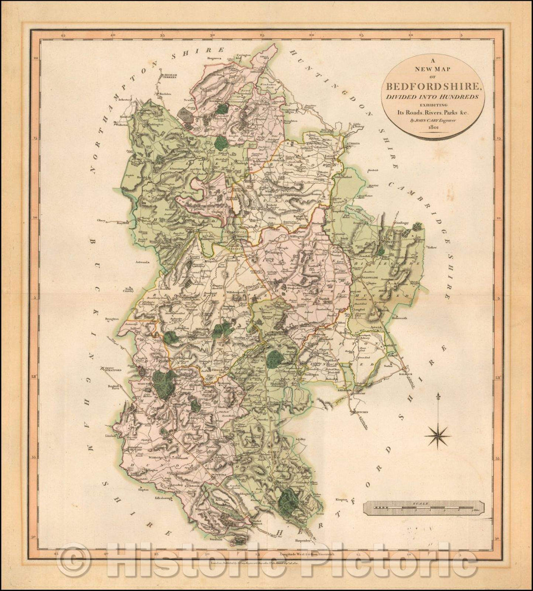 Historic Map - Bedfordshire, Divided Into Hundreds Exhibiting Its Roads, Rivers, Parks &c, 1801, John Cary - Vintage Wall Art