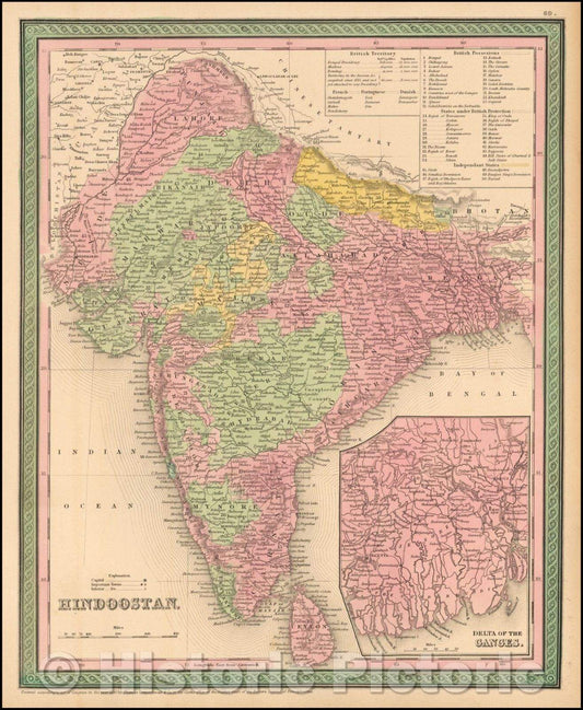 Historic Map - Hindoostan. [with] Delta of the Ganges, 1852, Thomas Cowperthwait & Co. - Vintage Wall Art