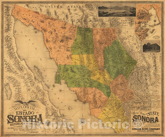 Historic Map - Ooficial del estado de Sonora Rep?blica de M?ico levantado y eje :: 1884 Official of the State of Sonora Republic of Mexico raised and exec, 1920 - Vintage Wall Art
