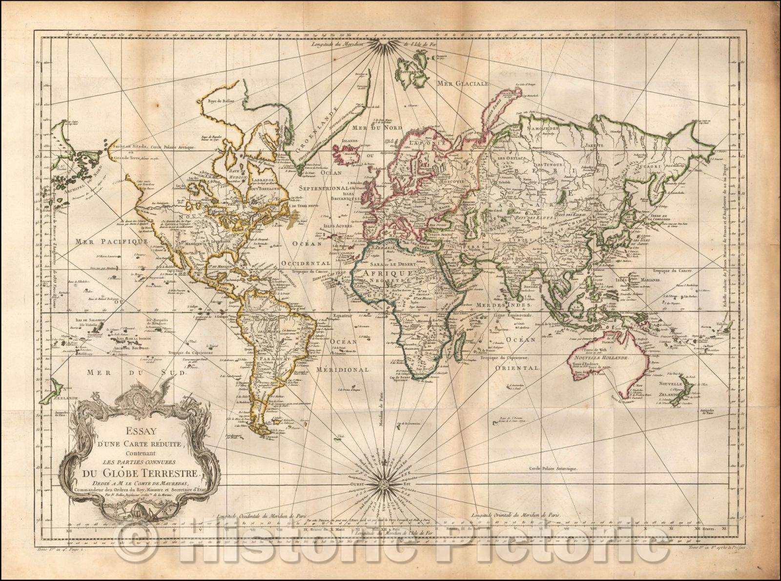 Historic Map - Essay D'Une Carte Reduite Contenant Les Parties Connuees Du Globe Terrestre Dedie A JM. Le Comte De Maurepas, 1748, Jacques Nicolas Bellin - Vintage Wall Art