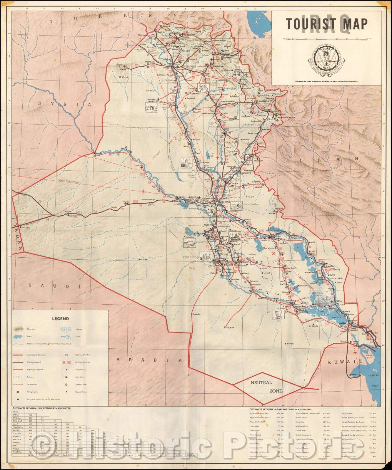 Historic Map - Iraq Tourist Map Issued, 1972, - Vintage Wall Art