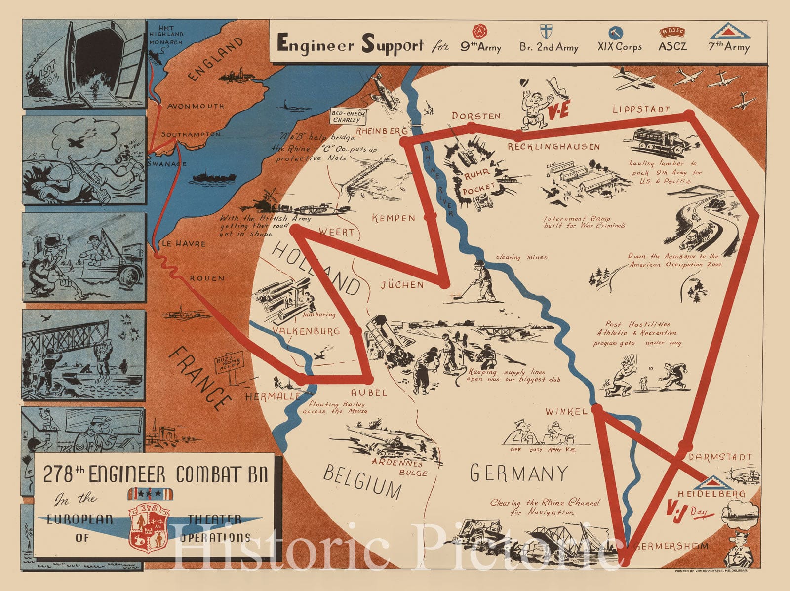 Historic Map - 278th Engineer Combat Bn. In the European Theater of Operations, 1945, - Vintage Wall Art