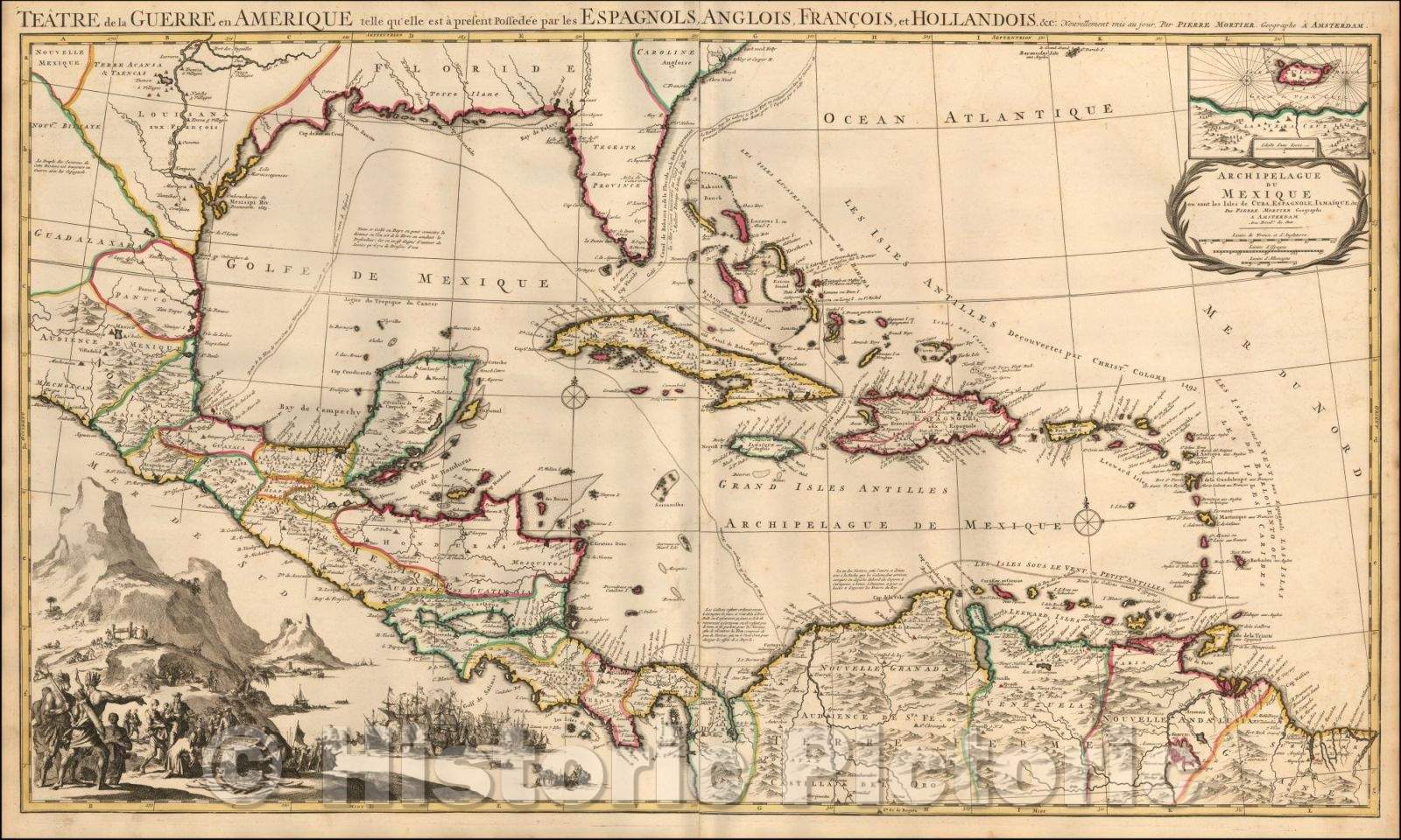 Historic Map - Theater of War in America/Teatre de la Guerre en Amerique telle qu'elle est a present Possedee par les Espagnols, Anglois, Francois, 1705 v3