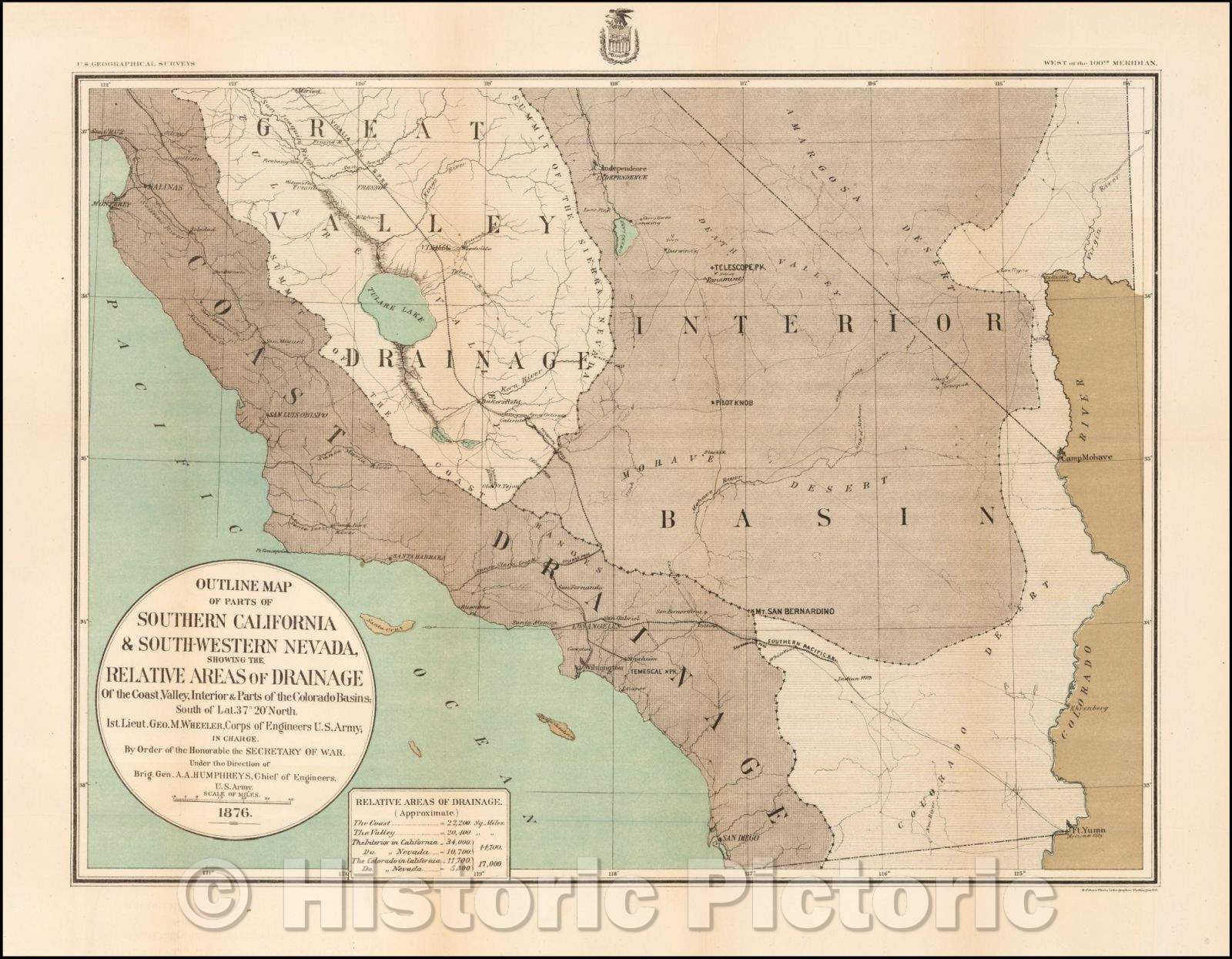 Historic Map - Outline Map of Parts of Southern California & South-Western Nevada, Showing the Relative Areas of Drainage Of the Coas, 1876, - Vintage Wall Art