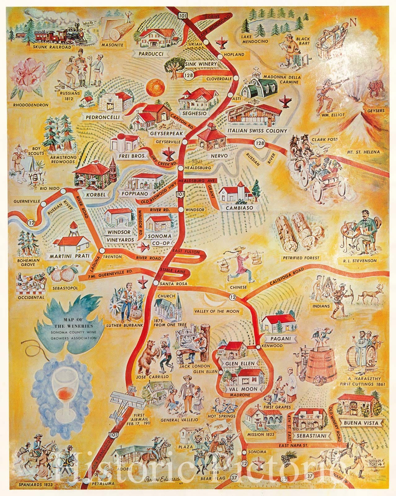 Historic Map - Map of the Wineries Sonoma County Wine Growers Association, 1067, Parker Edwards - Vintage Wall Art