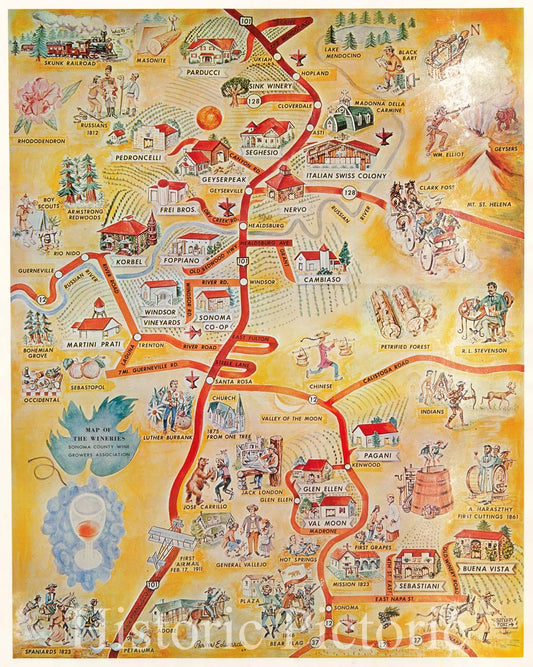 Historic Map - Map of the Wineries Sonoma County Wine Growers Association, 1067, Parker Edwards - Vintage Wall Art