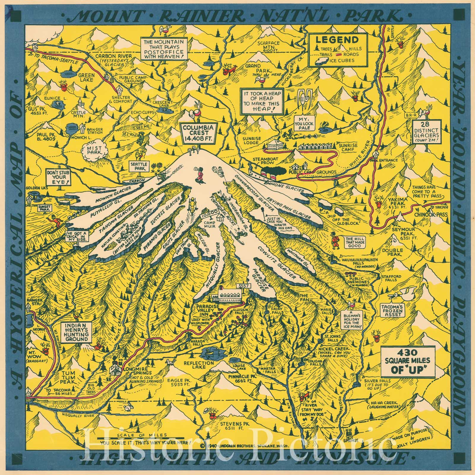 Historic Map - A Hysterical Map of Mount Rainier Nat'n'l Park Year-'Round Public Playground, 1940, Lindgren Brothers - Vintage Wall Art