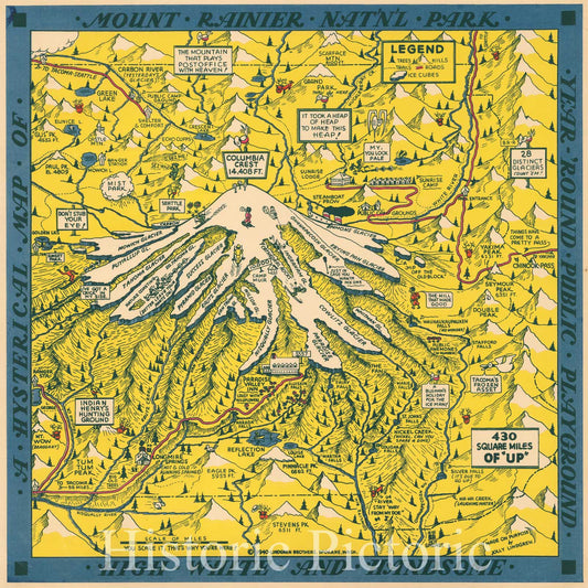 Mount Rainier National Park - Pictorial Map, 1940 | Historical Map Print