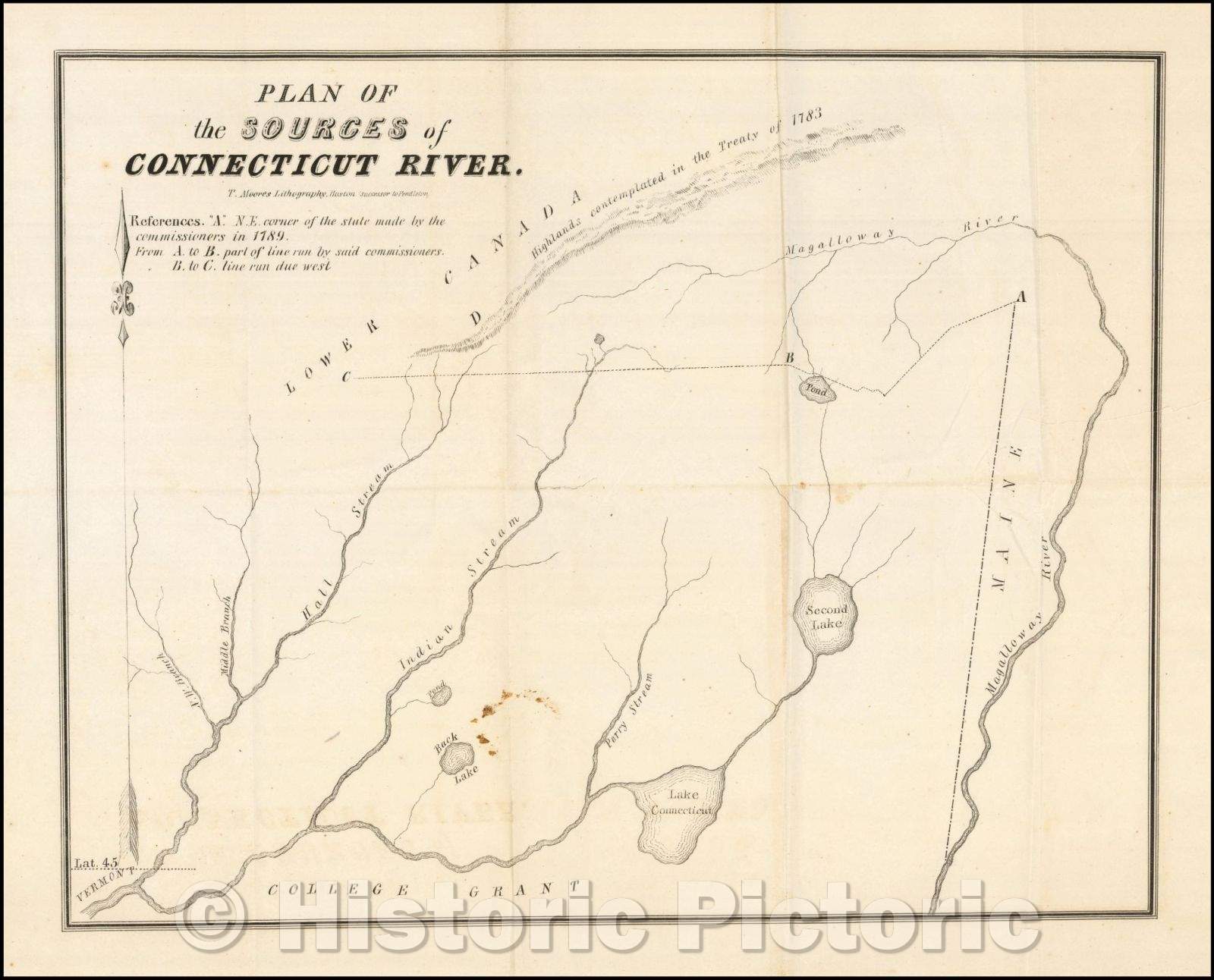 Historic Map - Indian Stream Republic Report and Map Plan of the Sources of Connecticut River, 1836, T. Moore's Lithography - Vintage Wall Art