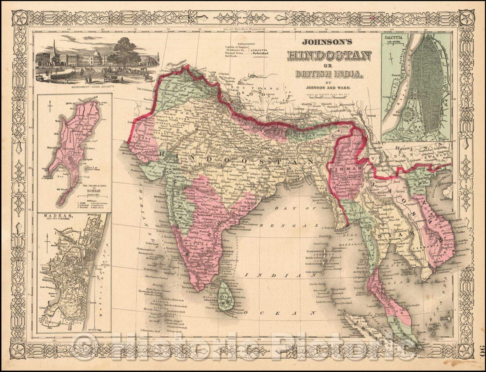 Historic Map - Johnson's Hindostan or British India, 1863, Benjamin P Ward - Vintage Wall Art