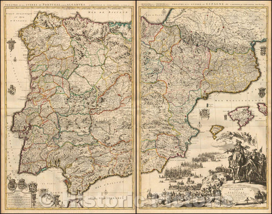 Historic Map - Theatre de la Guerre en Espagne et en Portugal. Dresse sur les Memoires des plus Habiles Ingenieurs &cc :: Spain .Portugal,Iberian Peninsula, 1700 - Vintage Wall Art