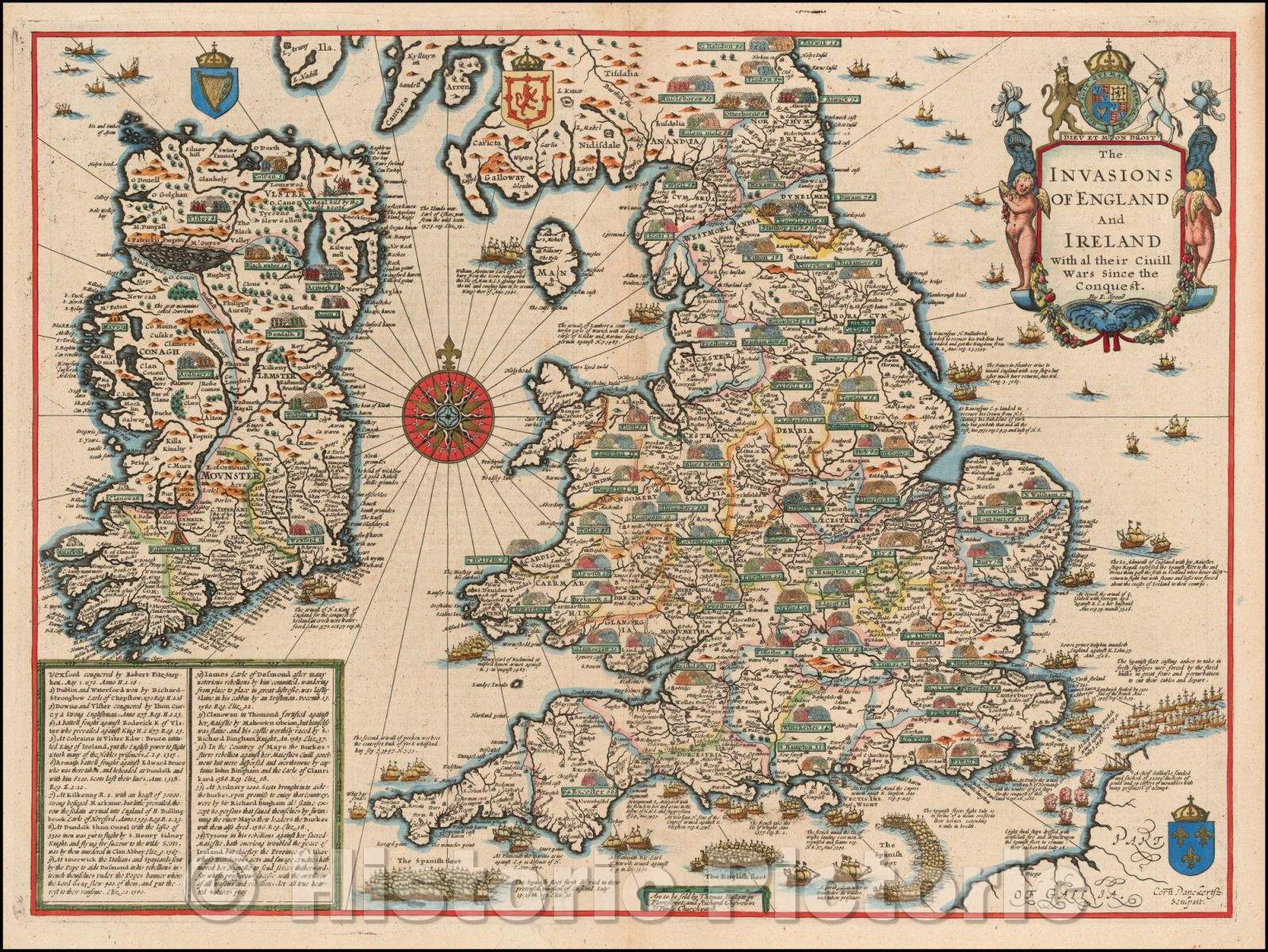 Historic Map - The Invasions of England and Ireland with al their Civill Wars Since the Conquest, 1676, John Speed - Vintage Wall Art