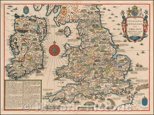 Historic Map - The Invasions of England and Ireland with al their Civill Wars Since the Conquest, 1676, John Speed - Vintage Wall Art