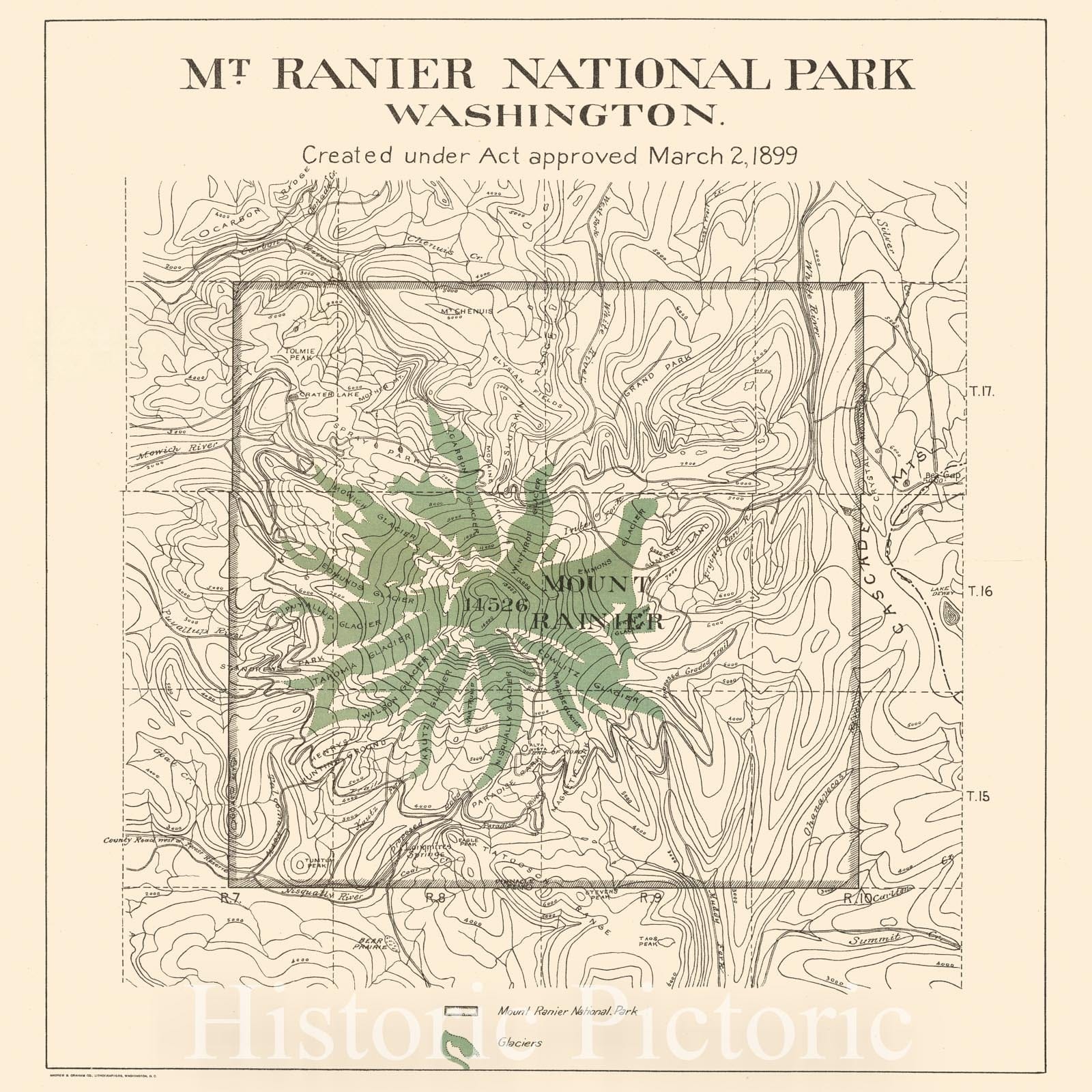 Historic Map - Mt. Rainier National Park Washington Created under Act approved March 2, 1899, 1899, Andrew B. Graham - Vintage Wall Art