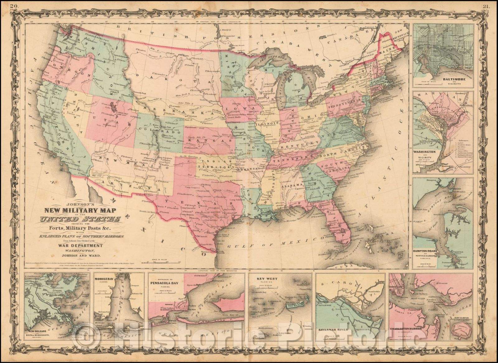 Historic Map - Johnson's New Military of the United States Forts, Military Posts & all the Military Divisions with Enlarged Plans of the Southern Harbors, 1862 v4