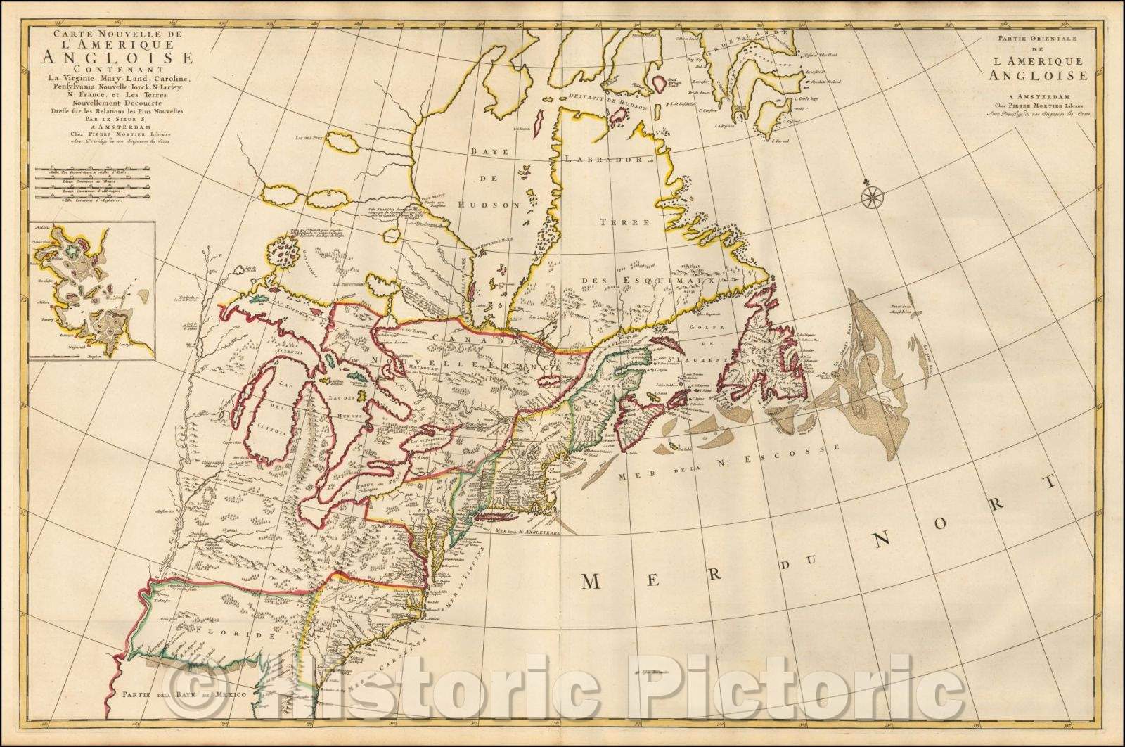 Historic Map - Carte Nouvelle de l'Amerique Angloise Contenant la Virginie, Mary-Land, Caroline, Pensylvania, Nouvelle Iorck, N: Iarsey N: France, 1700 v4