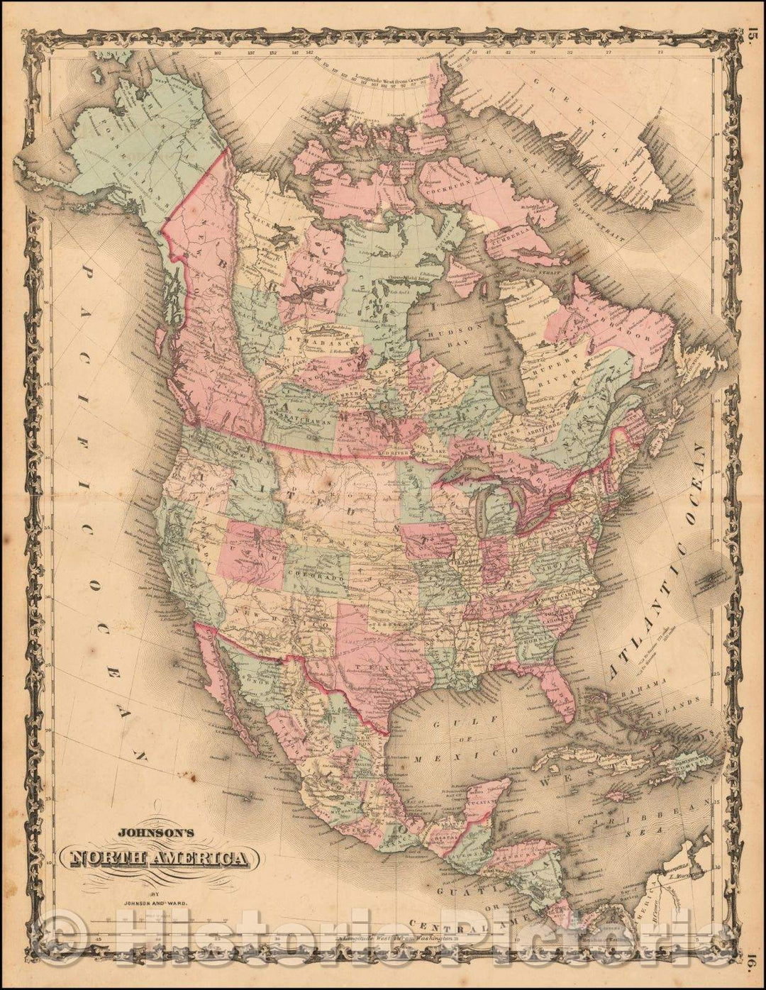 Historic Map - Johnson's North America, 1863, Benjamin P Ward v2