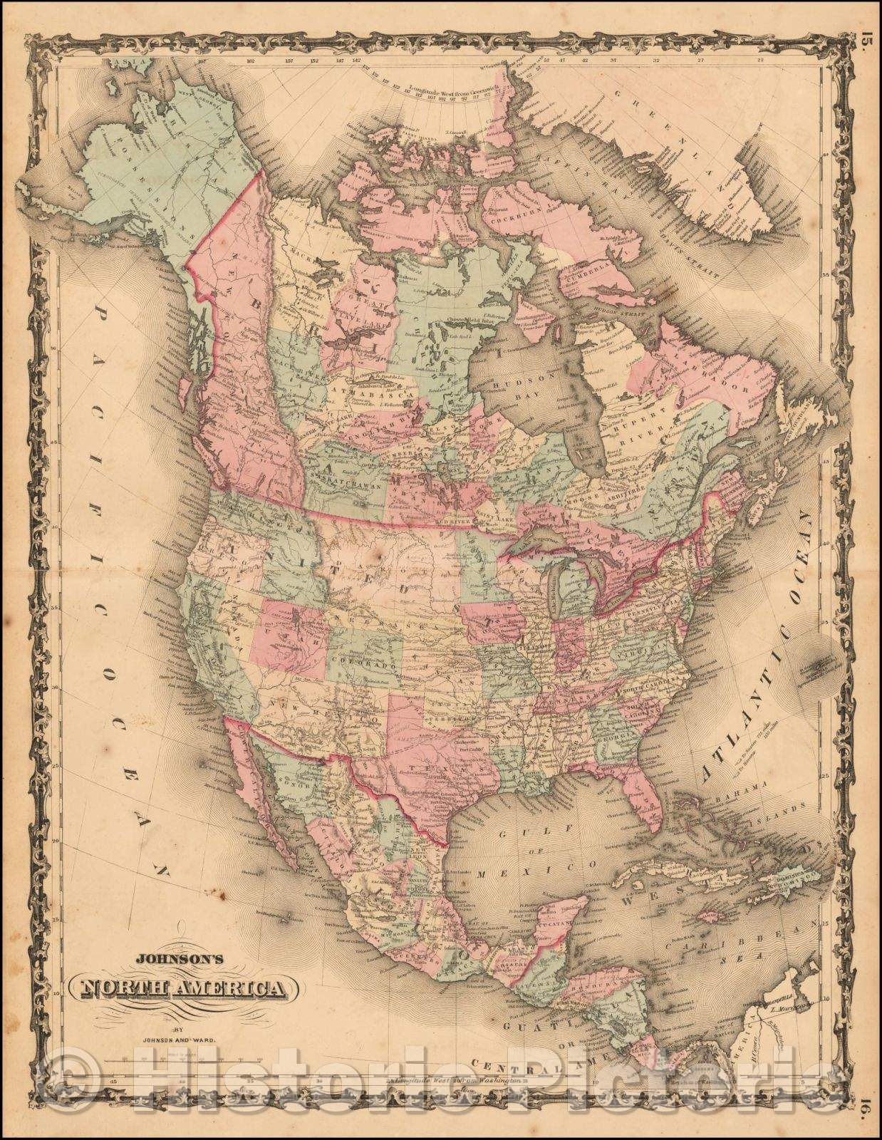 Historic Map - Johnson's North America, 1863, Benjamin P Ward v2