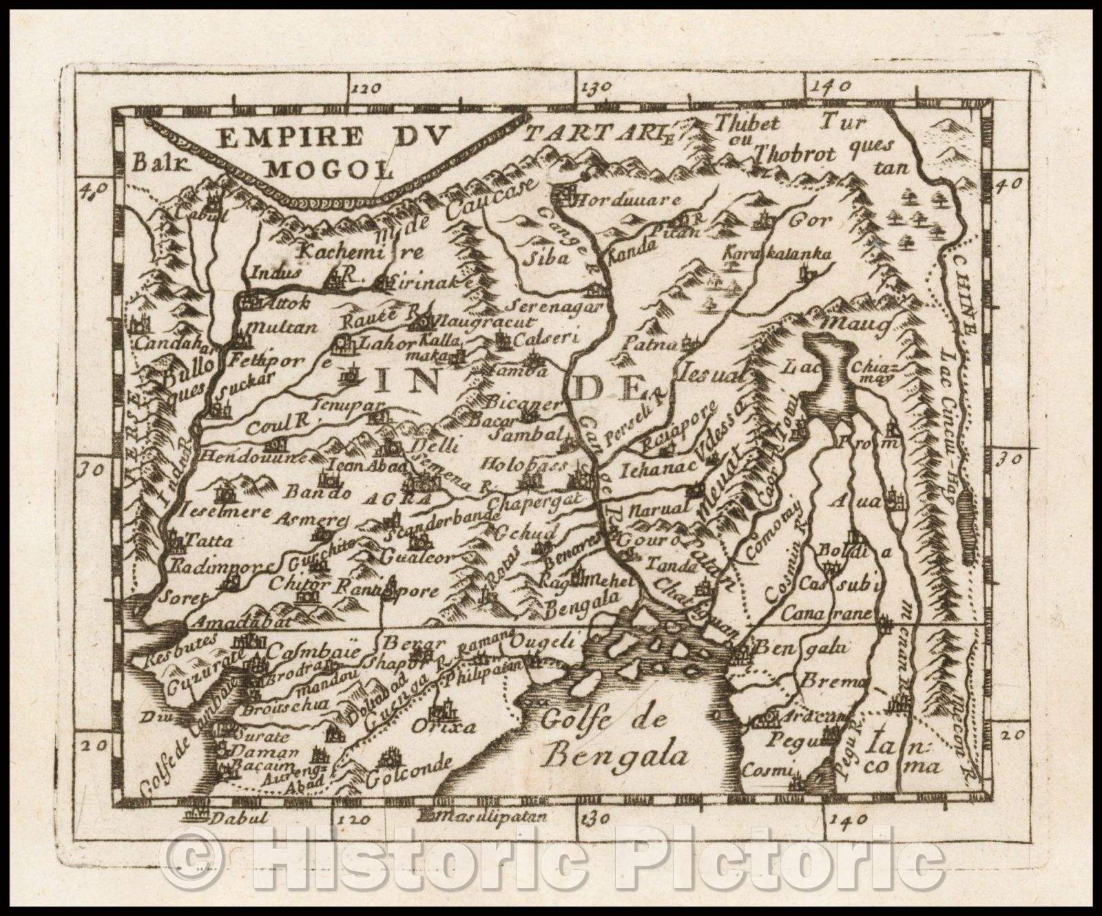 Historic Map - Empire du Mogol :: Mogol Empire, centered on the Ganges River, north to Tibet, Indus River, Bay of Bengal and east to the Mekong River, 1676 - Vintage Wall Art
