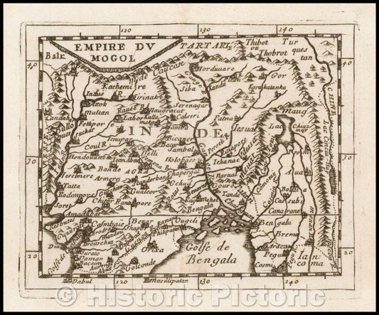 Historic Map - Empire du Mogol :: Mogol Empire, centered on the Ganges River, north to Tibet, Indus River, Bay of Bengal and east to the Mekong River, 1676 - Vintage Wall Art