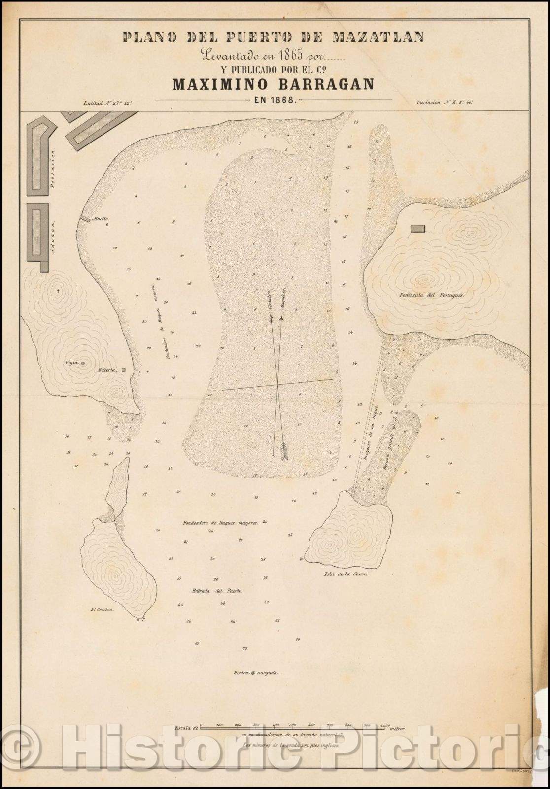 Historic Map - Plano Del Puerto De Mazatlan Levanado en 1865 por y Publicado Por/Map of the port of Mazatlan, Maxmino Barragan in 1868, 1868, - Vintage Wall Art