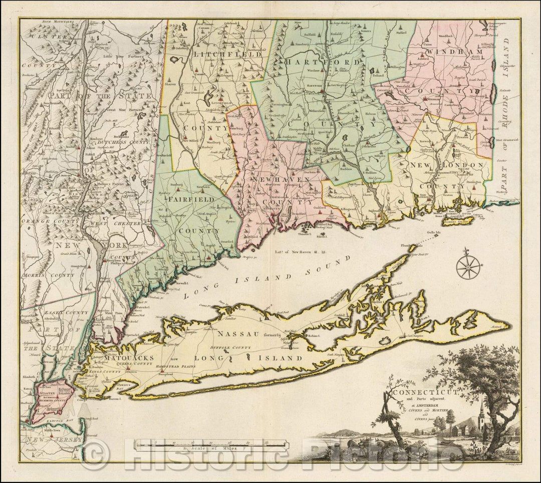 Historic Map - Connecticut, and Parts adjacent, 1780, Bernard Romans - Vintage Wall Art