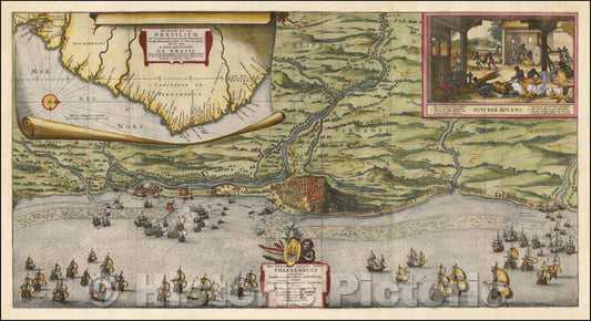 Historic Map - Hanc Tabulam continens Laetam Pharnambuci victoriam, Amplissimis/Map of coast around Olinada in Portuguese held Pernambuco, 1630 - Vintage Wall Art