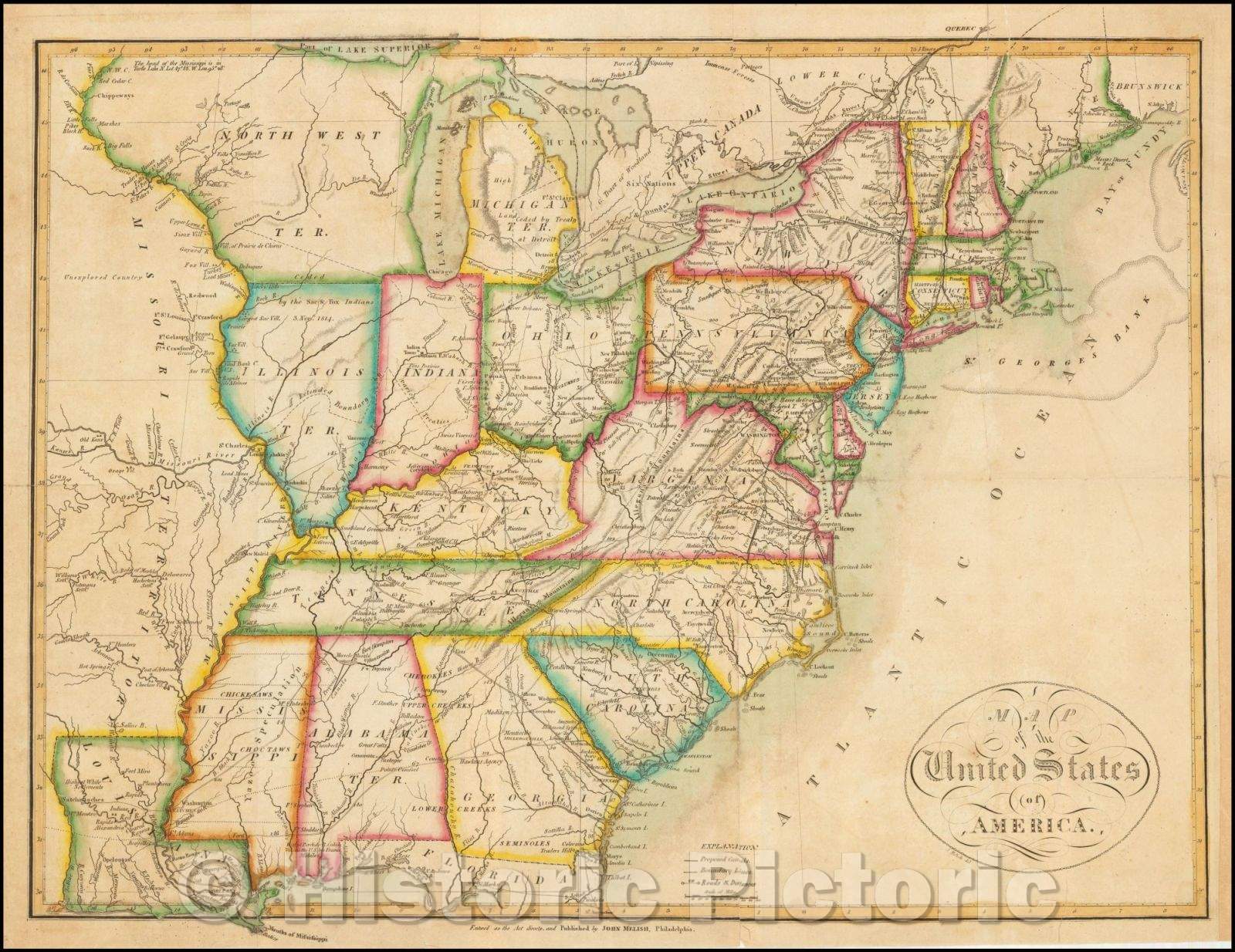 Historic Map - Map of the United States of America, 1816, John Melish - Vintage Wall Art