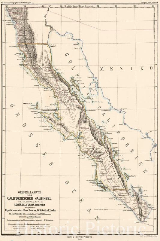 Historic Map - Originalkarte Der Californischen Halbinsel nach den Aufnachmen/Map of Baja California, Tijuana and south to Cabo San Lucas, 1868 - Vintage Wall Art