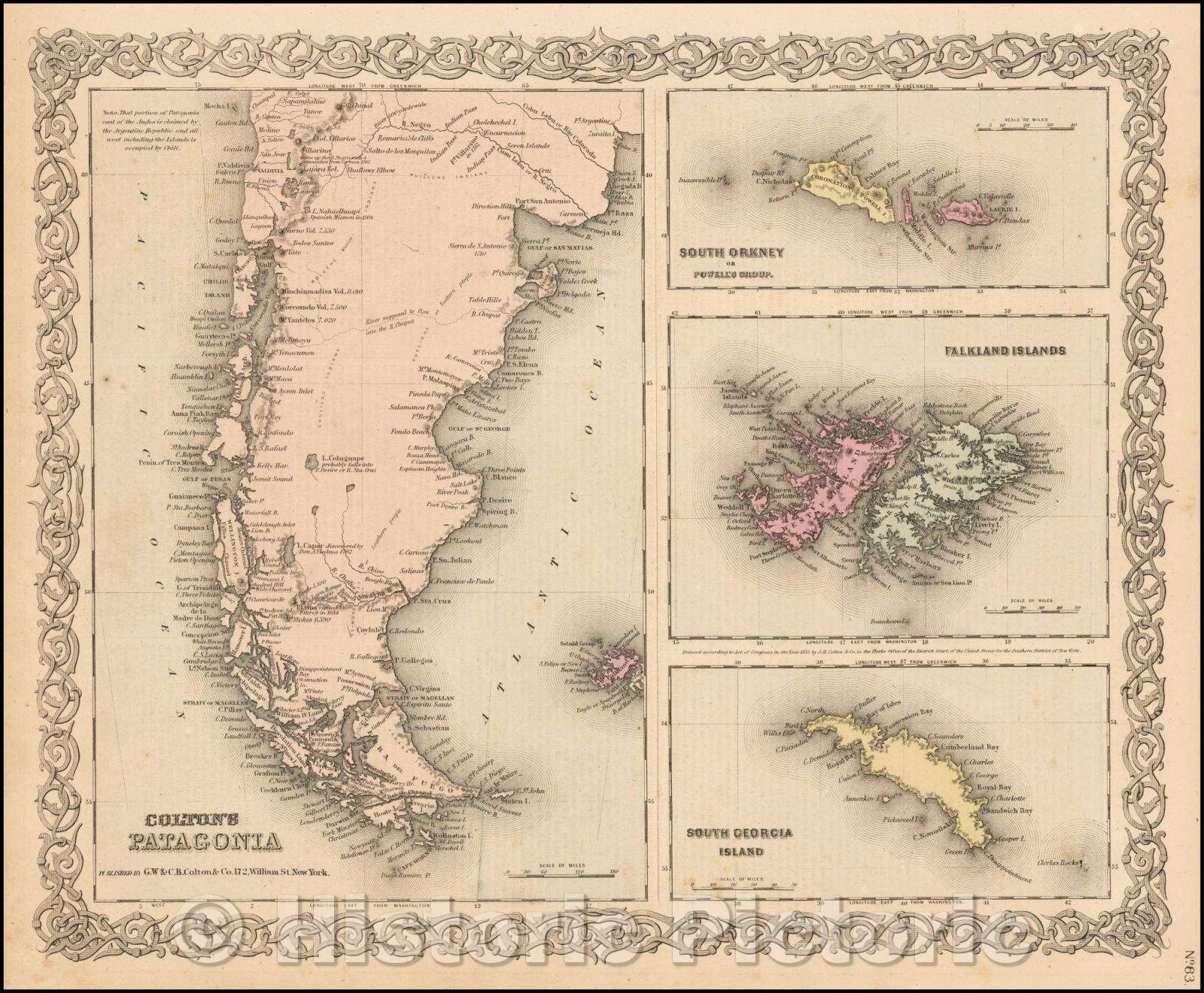 Historic Map - Patagonia [with] South Orkney [with] Falkland Islands [with] South Georgia Island, 1866, Joseph Hutchins Colton - Vintage Wall Art