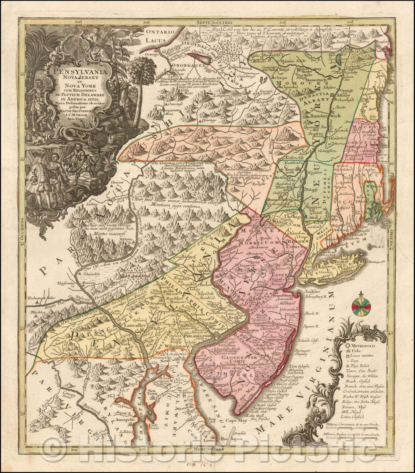 Historic Map - Pensylvania Nova Jersey et Nova York cum Regionibus Ad Fluvium Delaware In America Sitis, Nova Delinatione ob oculos posita, 1750 v2