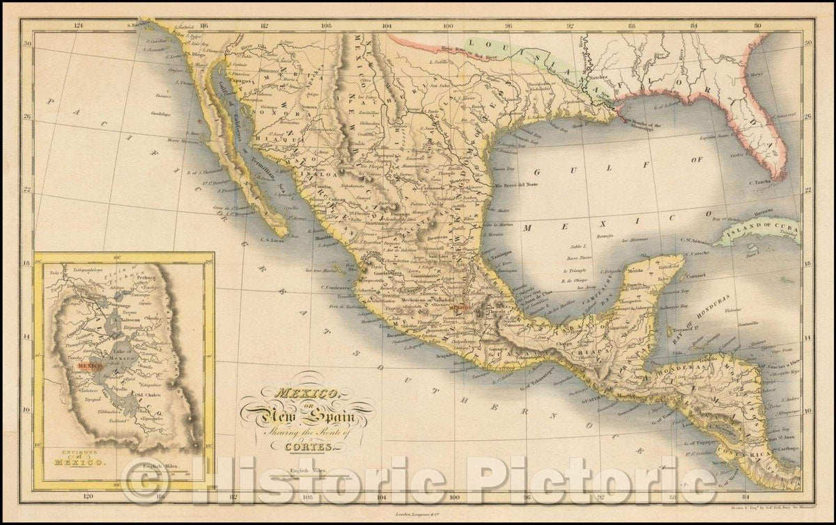 Historic Map - Mexico or New Spain Shewing the Route of Cortes, 1820, William Robertson - Vintage Wall Art