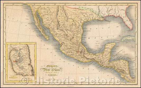 Historic Map - Mexico or New Spain Shewing the Route of Cortes, 1820, William Robertson - Vintage Wall Art