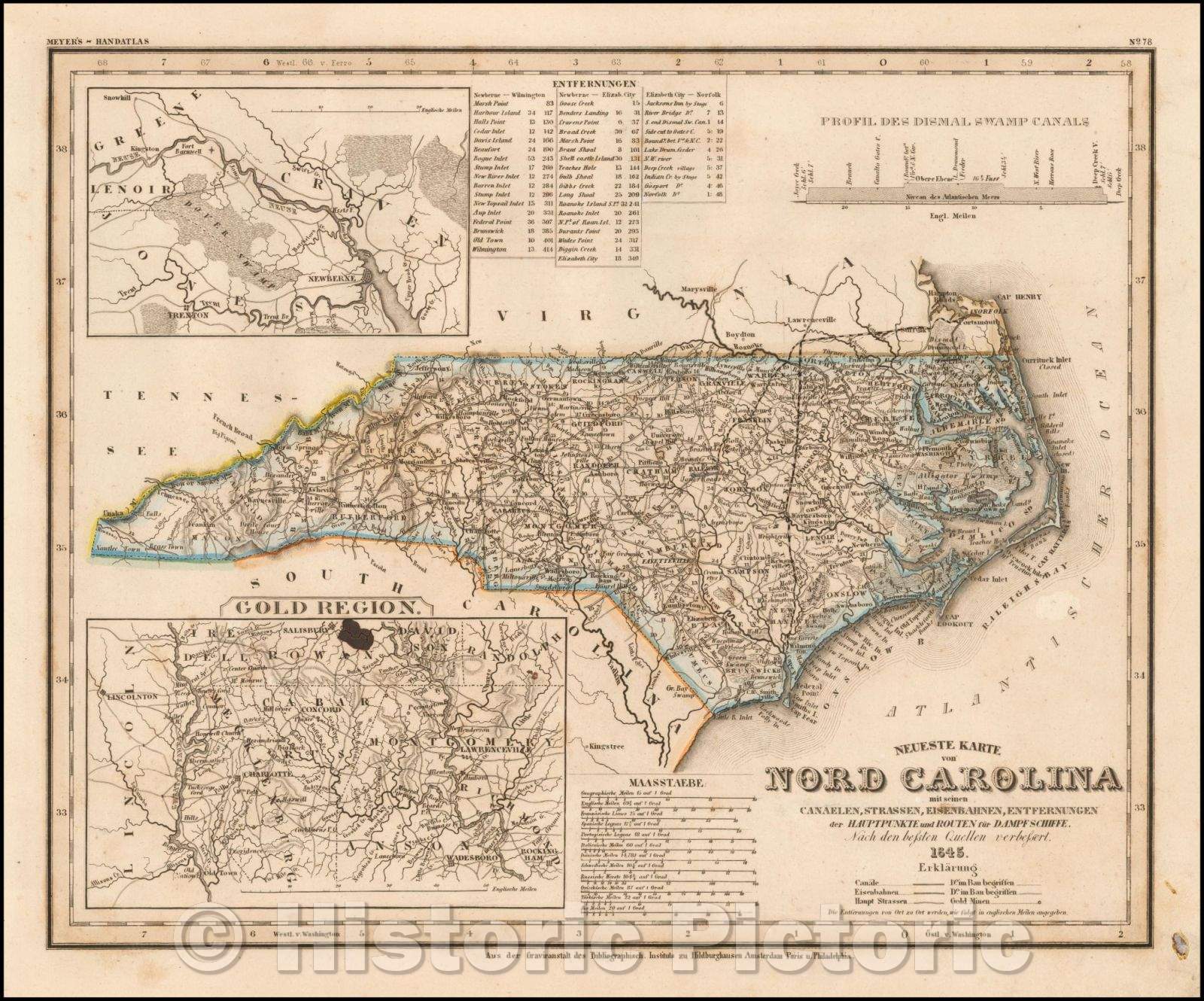 Historic Map - Neueste Karte von Nord Carolina mit seinen Canaelen, Strassen, Eisenbahnen, Entfernungen/Elegantly engraved & Map of North Carolina, 1845 - Vintage Wall Art