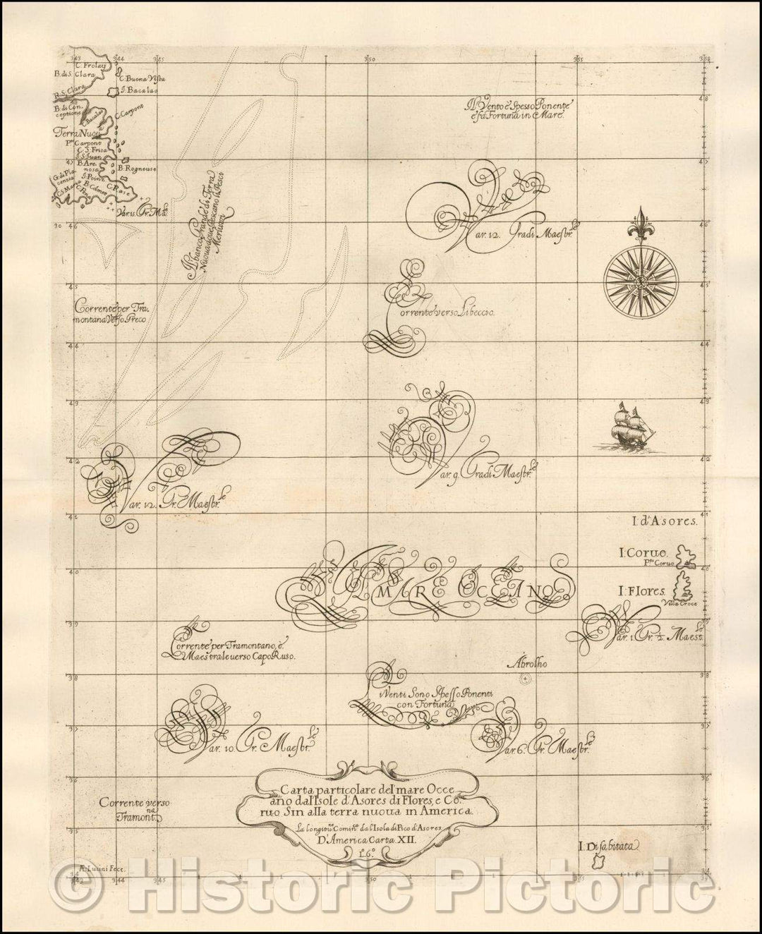 Historic Map - Carta particolare del' mare Occeano dal'Isole d'Asores di Flores, e Coruo Sin alla terra nuova in America, 1646, Robert Dudley - Vintage Wall Art