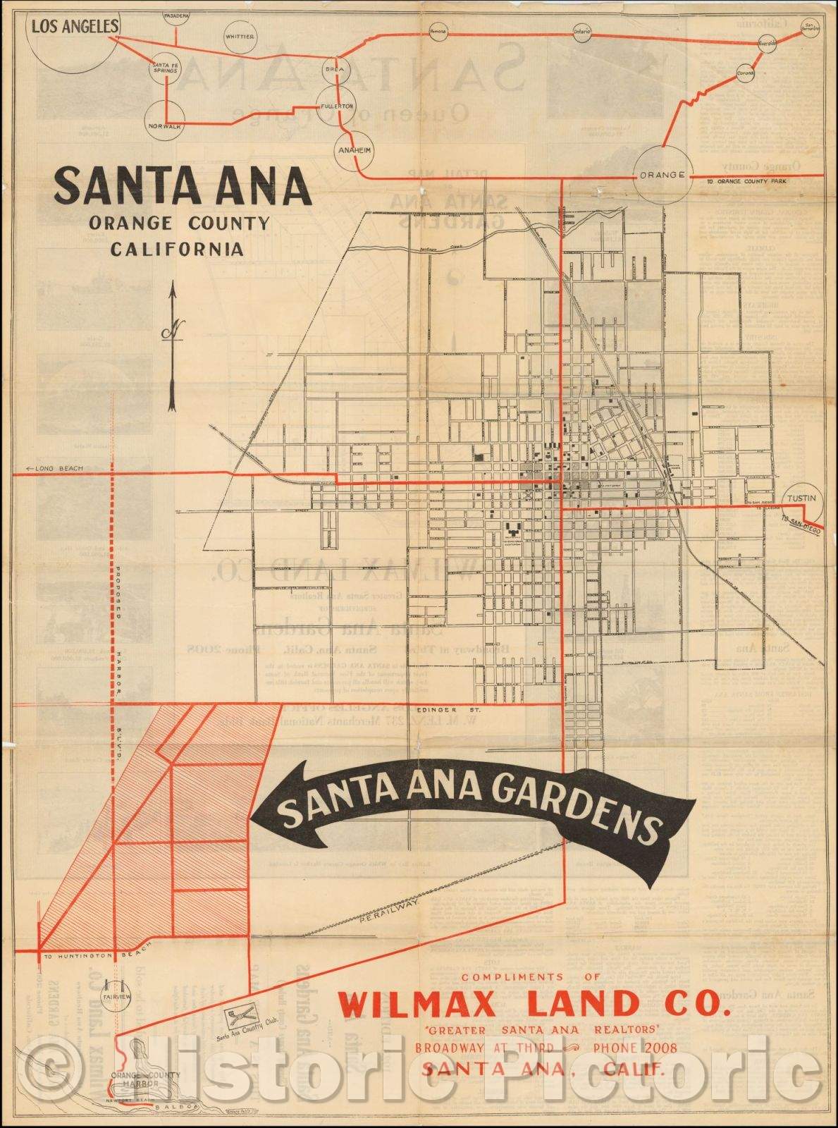 Historic Map - Santa Ana Gardens Compliments of Wilmax Land Co. / Detail Map of Santa Ana Gardens, 1923, - Vintage Wall Art