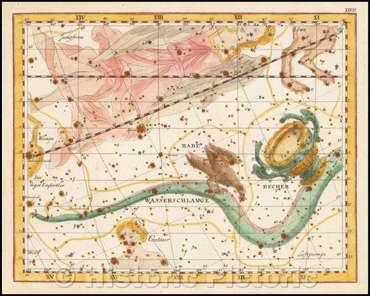 Historic Map - Star chart; Constellations Hydra Continua, Crater, Corvus, CentaurusWasserschlange, Rabe, Becher The Owl, 1805, Johann Elert Bode v2