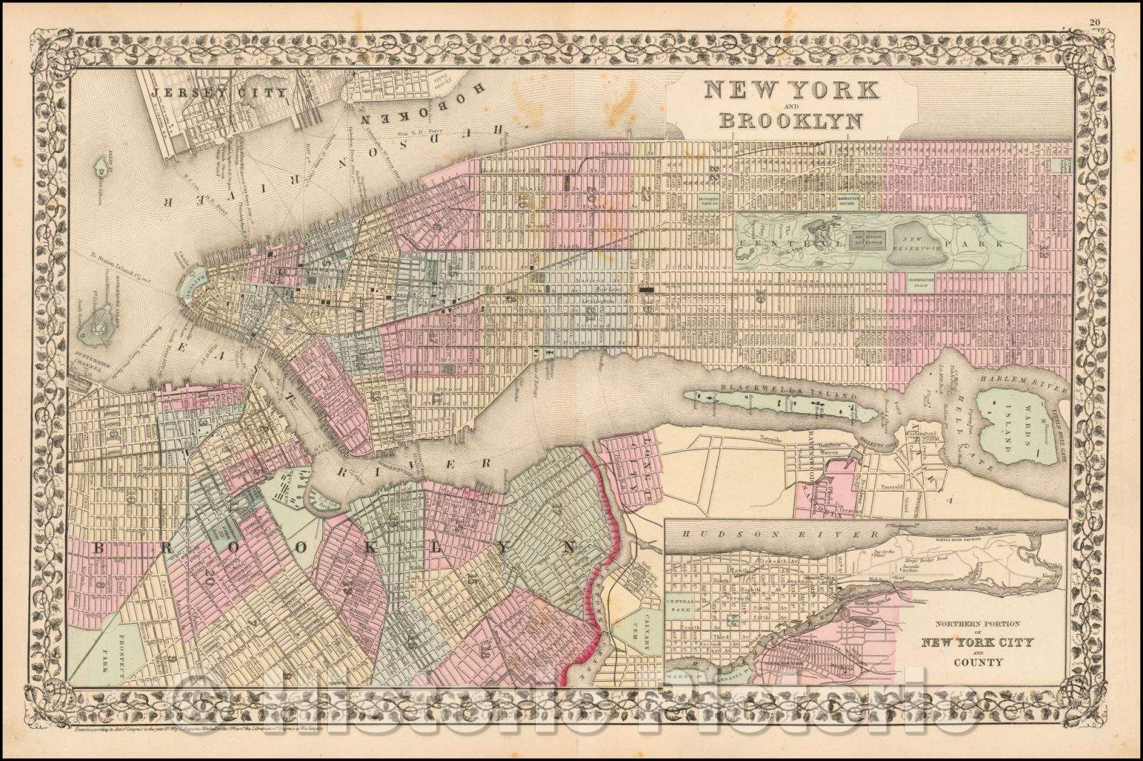 Historic Map - New York and Brooklyn, 1874, Samuel Augustus Mitchell Jr. - Vintage Wall Art