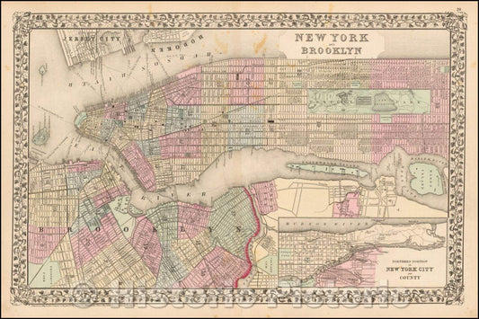 Historic Map - New York and Brooklyn, 1874, Samuel Augustus Mitchell Jr. - Vintage Wall Art