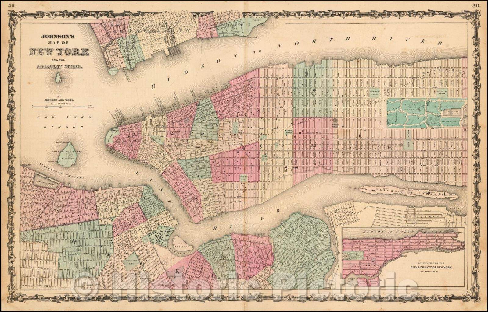 Historic Map - Johnson's Map of New York and the Adjacent Cities, 1863, Benjamin P Ward v2