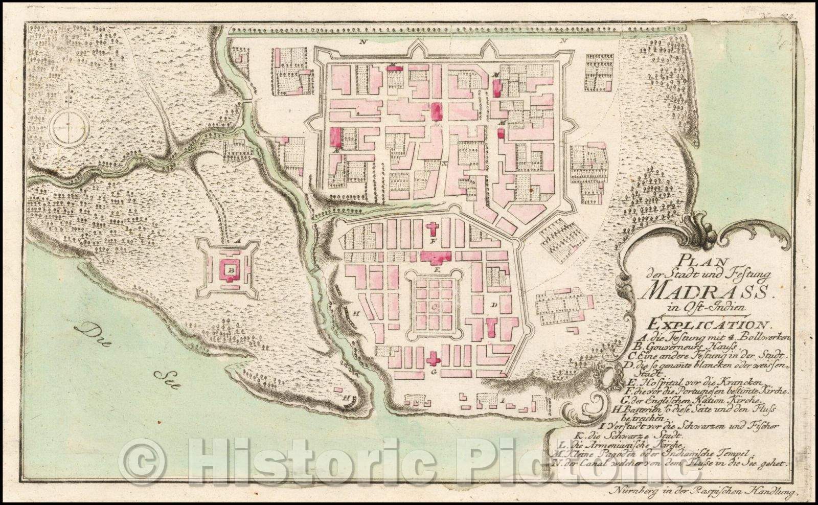 Historic Map - (Chennai) Plan der Stadt und Festung Madrass im Ost- / Plan of the area around Madras, from Raspe's Schauplatz des Gegenwaertigen Kriegs, 1763 - Vintage Wall Art