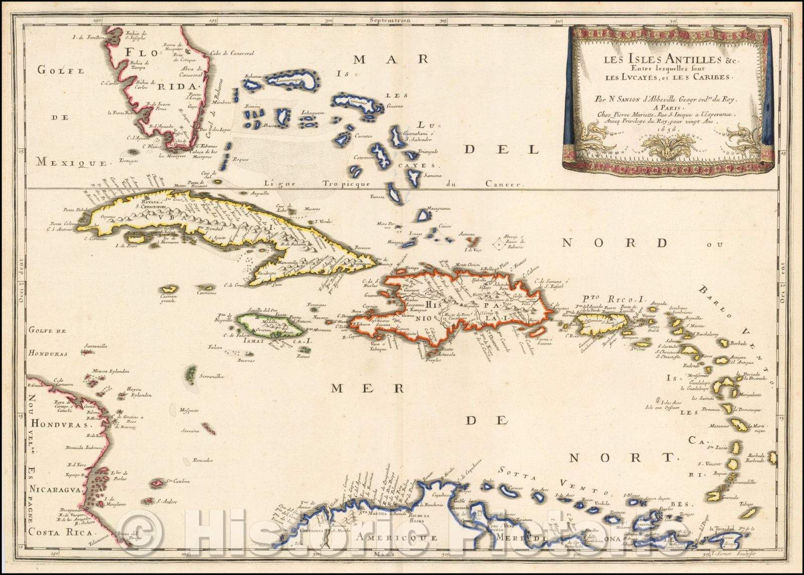 Historic Map - Les Isles Antilles entre les quelles sont Les Lucayes et Les Caribes, 1656, Nicolas Sanson - Vintage Wall Art