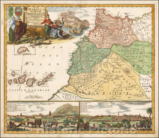 Historic Map - Morocco, with two city views below/Statuum Maroccanorum, Regnorum nempe Fessani, Maroccani, Tafiletanin, 1728 v2