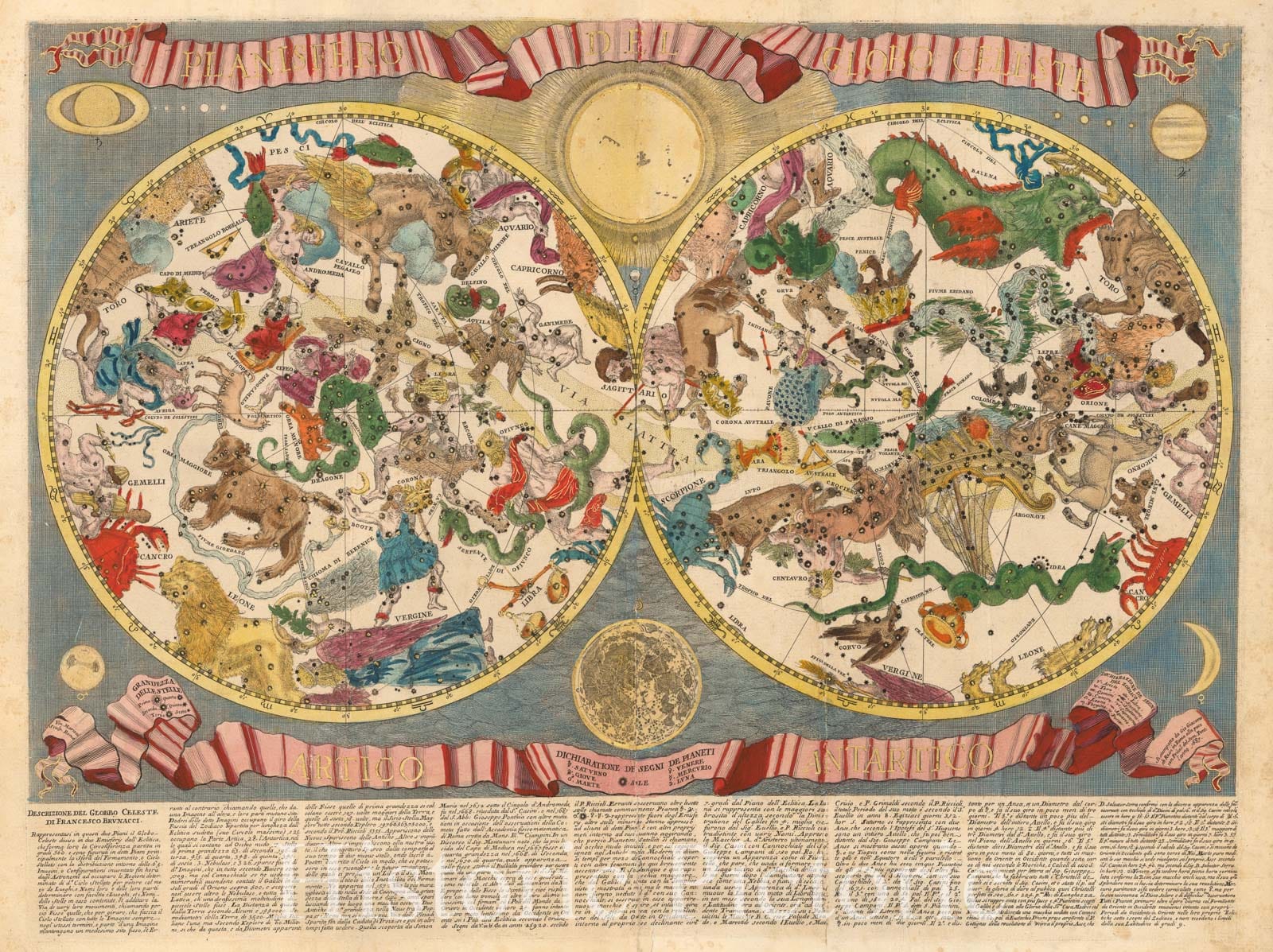 Historic Map - Planisfero Del Globo Celeste (Heightened in Gold!), 1687, Francesco Brunacci - Vintage Wall Art