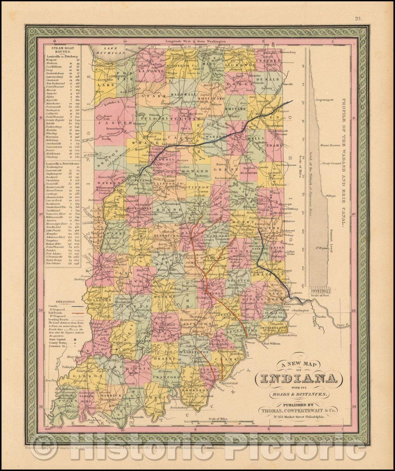 Historic Map - Indiana with its Roads & Distances, 1852, Thomas, Cowperthwait & Co. - Vintage Wall Art