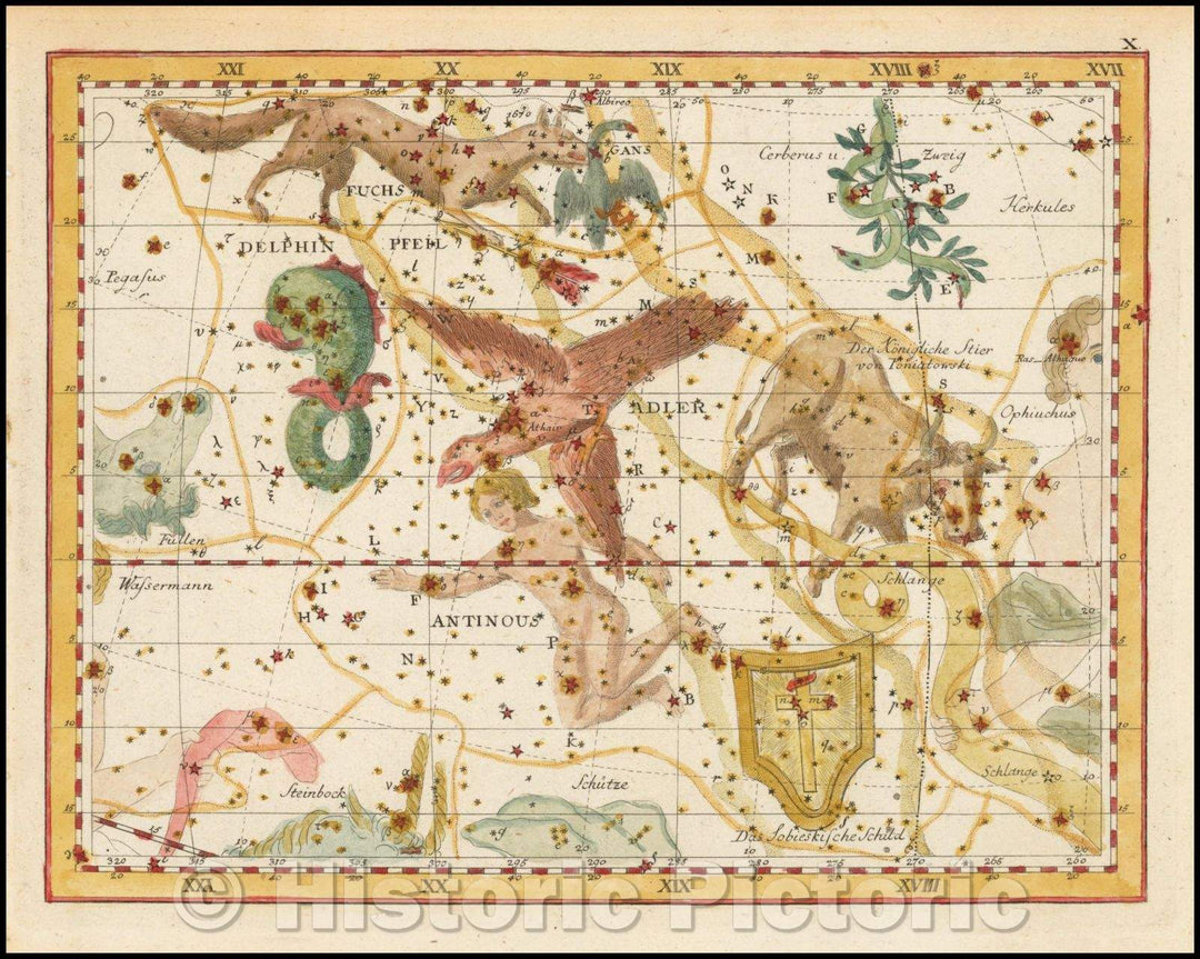 Historic Map - Delphn, Fuchs, Pfeil, Gans, Adler, Antinous, Das Sobieskische/Star Chart, constellations Aquila, Antinous, Taurus, Vulpecul, Anser, 1805 - Vintage Wall Art