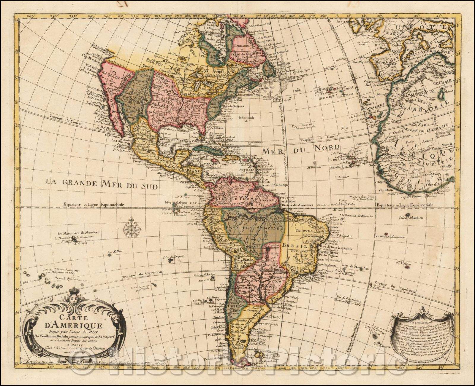 Historic Map - Carte D'Amerique dressee poour l'usage du Roay/Amerca map drawn poour use of Roay?. 1730, 1730, Eugene Henri Fricx - Vintage Wall Art