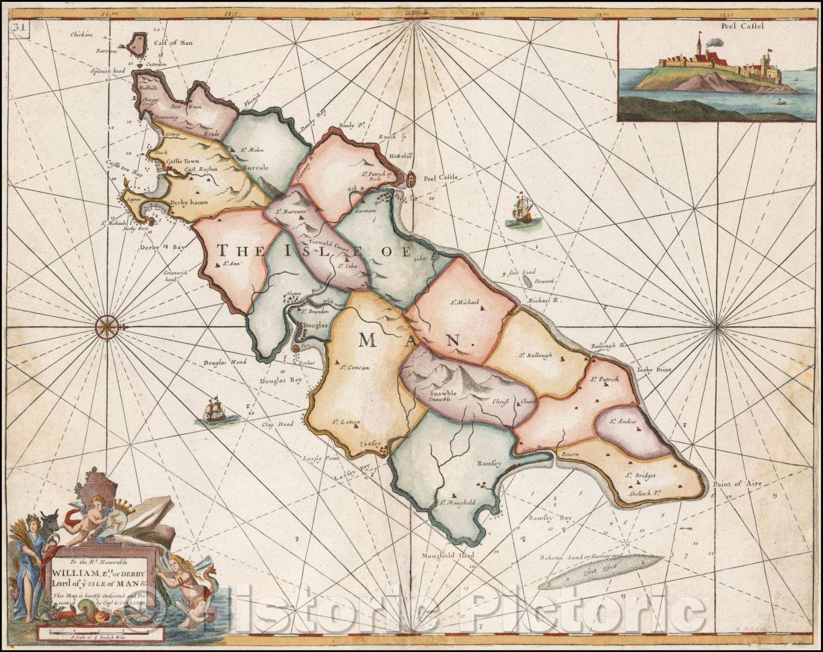 Historic Map - The Isle of Man, 1693, Grenville Collins - Vintage Wall Art
