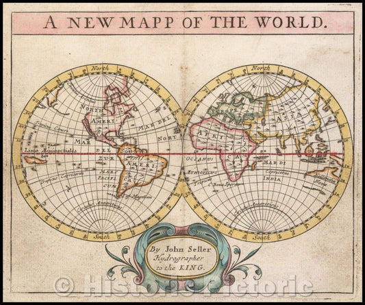 Historic Map - A New Mapp of the World, 1684, John Seller - Vintage Wall Art